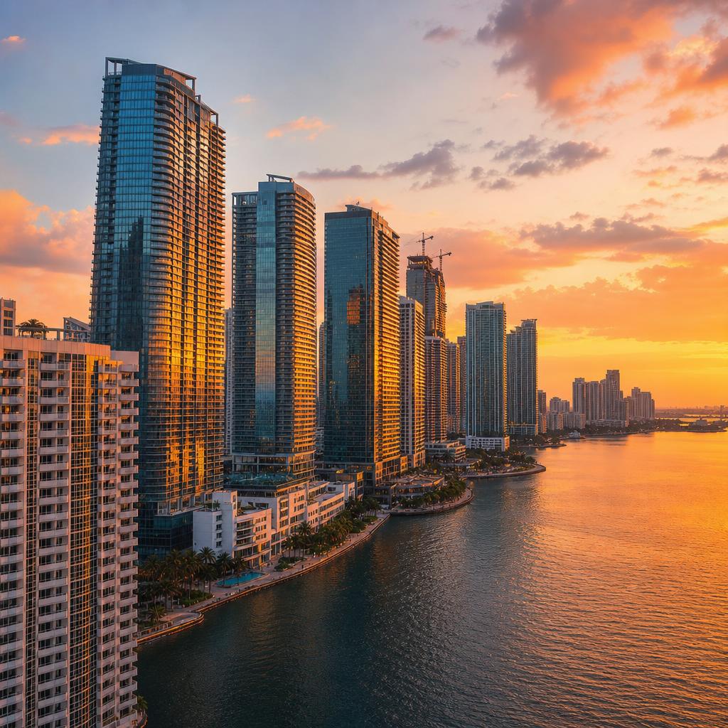 Brickell Avenue waterfront skyline in Miami at dusk