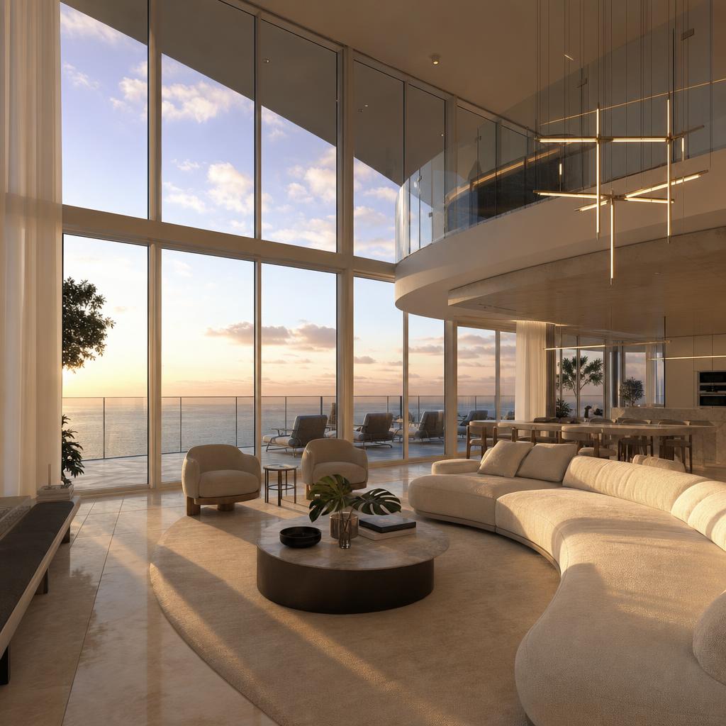 Luxury Miami penthouse living room with floor-to-ceiling bay views