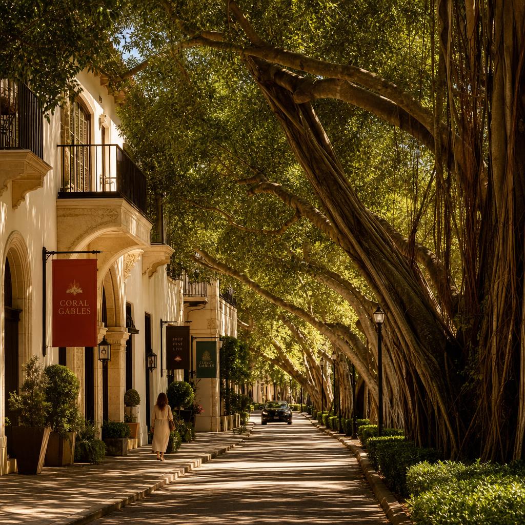 Coral Gables residential street lined with bougainvillea and Mediterranean-style homes