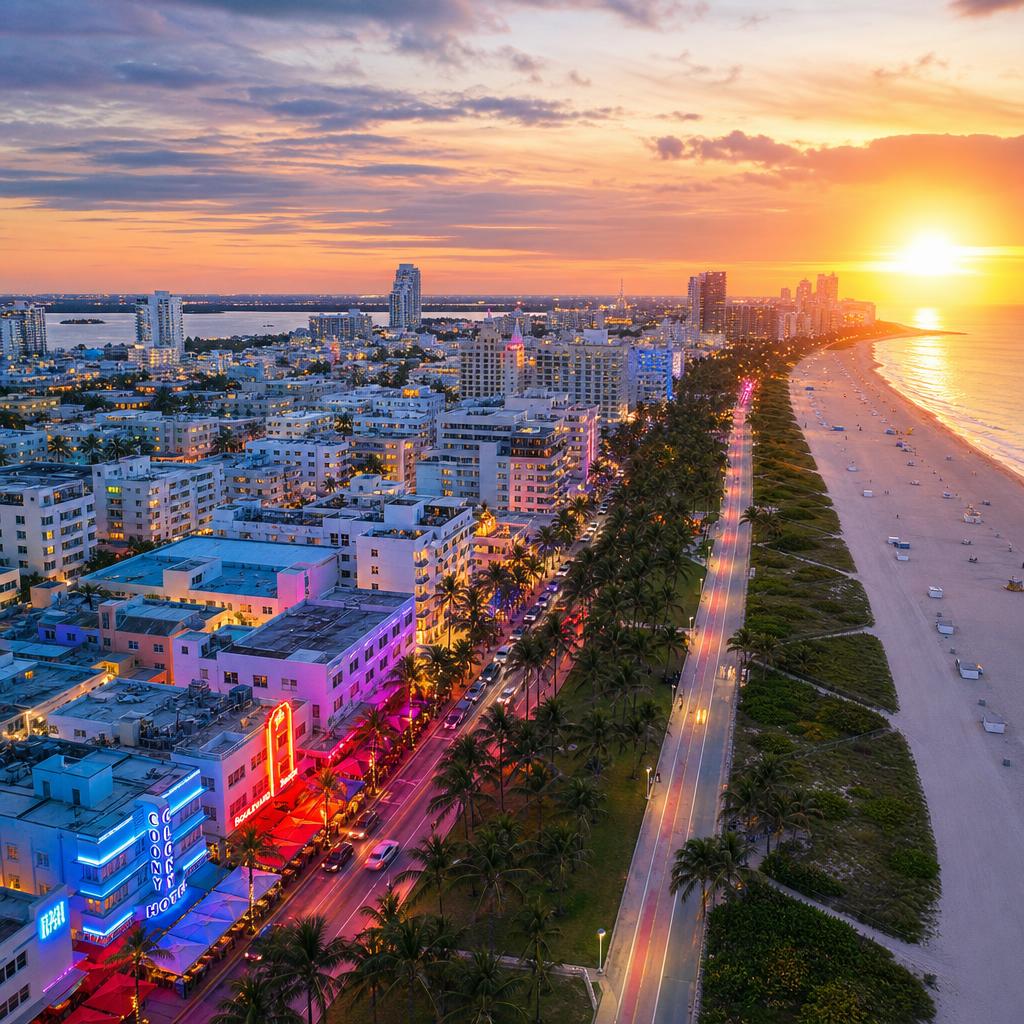 Aerial view of Miami Beach with Art Deco hotels and blue Atlantic Ocean