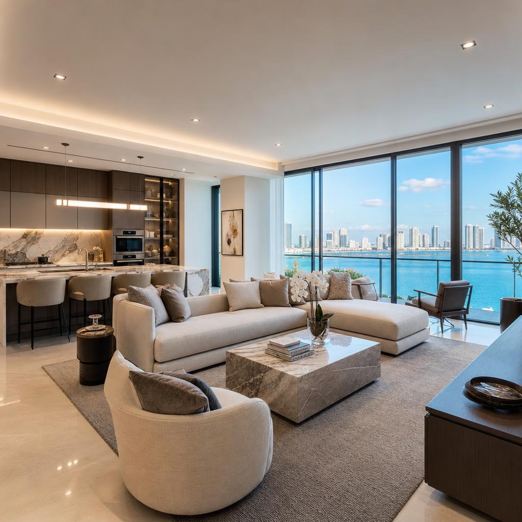 Modern Miami condo tower reflecting blue sky and Biscayne Bay