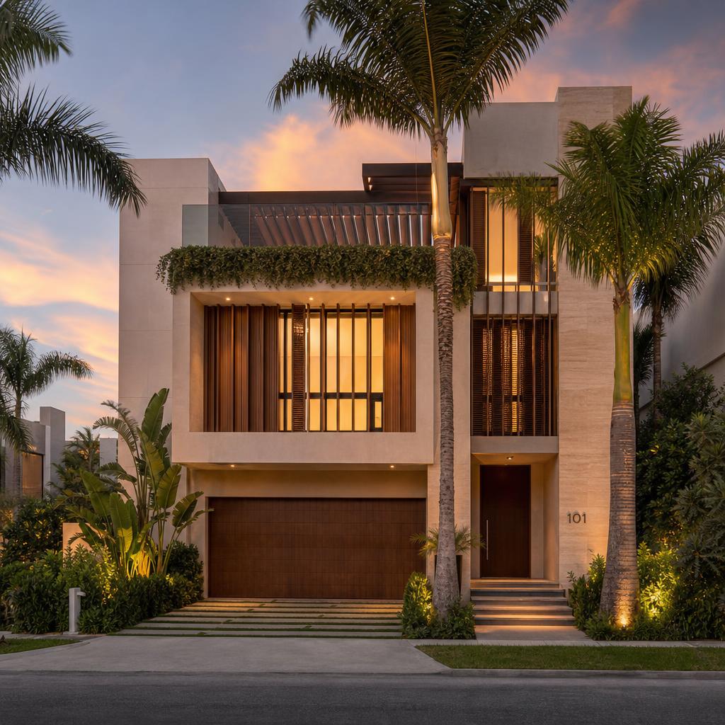 Contemporary Miami townhouse with private courtyard and tropical plants